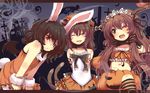  ;d alternate_costume alternate_hair_color alternate_hairstyle animal_ears bad_id bad_pixiv_id bat_wings black_hair bow brown_hair bunny_ears bunny_tail cat_ears cat_tail chen closed_eyes covered_navel dress fang halloween horns ibuki_suika inaba_tewi jack-o'-lantern long_hair midriff multiple_girls multiple_tails navel nejime nekomata one_eye_closed open_mouth orange_dress pantyhose pumpkin pumpkin_costume red_eyes ribbon short_hair smile tail touhou very_long_hair wallpaper white_legwear wings wrist_cuffs 