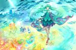  bare_shoulders bubble checkered closed_eyes detached_sleeves fins fish frills gathers grayfair green_hair hatsune_miku highres jellyfish light_particles long_hair music necktie scales singing skirt sleeveless solo thighhighs twintails underwater very_long_hair vocaloid wide_sleeves 