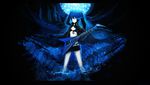  arsenixc bad_id bad_pixiv_id bikini_top black_hair black_rock_shooter black_rock_shooter_(character) blue_eyes burning_eye coat disco_ball guitar highres instrument long_hair shorts smile solo twintails 