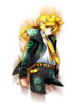  aqua_eyes blonde_hair caffein headphones headset highres hood hooded_jacket jacket kagamine_len long_hair male_focus necktie older solo vocaloid yellow_neckwear 