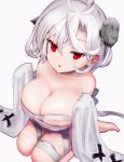  1girl ahoge azur_lane bandage bangs bare_shoulders blush bolt breasts detached_sleeves hair_over_one_eye halloween_costume large_breasts red_eyes short_hair sleeves_past_wrists solo stitches terror_(azur_lane) west_(vaem5527) white_hair 
