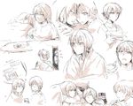  ? blanket blue_eyes blush darjeeling fever forehead-to-forehead girls_und_panzer itsumi_erika multiple_girls nishizumi_maho nishizumi_miho peeking_out sick sketch sleeping spot_color sweat thermometer white_background 