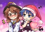  2girls blue_eyes blue_hair blush bow brown_eyes brown_hair doremy_sweet dream_soul dress eighth_note glasses hat hat_bow heart long_sleeves low_twintails multiple_girls musical_note nightcap open_mouth plaid pom_pom_(clothes) pote_(ptkan) quimbaya_airplane red-framed_eyewear ribbon school_uniform shirt short_hair skirt smile tail tapir_tail touhou twintails usami_sumireko 