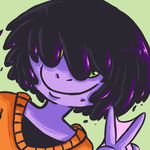  2015 amphibian anthro clothed clothing female frog green_eyes hair hair_over_eye inkyfrog looking_at_viewer purple_hair purple_skin smile solo v_sign webbed_hands yellow_sclera 