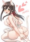  akagi_(kantai_collection) animal_ears apron ass blush breasts brown_eyes brown_hair cat_ears cat_tail character_name covered_nipples extra_ears fukuroumori heart kantai_collection large_breasts long_hair looking_back naked_apron open_mouth see-through seiza simple_background sitting solo suggestive_fluid tail thighhighs 