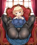  ass bad_id bad_twitter_id black_legwear black_neckwear blonde_hair blue_eyes blue_skirt blue_sweater blush braid breast_suppress breasts cameltoe chair curtains darjeeling dress_shirt emblem feet french_braid full_body girls_und_panzer gusset hand_to_own_mouth impossible_clothes impossible_sweater kure_masahiro large_breasts long_sleeves looking_at_viewer necktie no_shoes panties panties_under_pantyhose pantyhose perspective pleated_skirt school_uniform shiny shiny_clothes shiny_hair shirt short_hair sitting skirt skirt_lift smile soles solo spread_legs st._gloriana's_(emblem) sweater thighband_pantyhose toenails toes underwear v-neck white_shirt window 