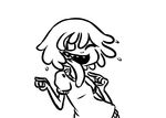  2016 amphibian anthro black_and_white clothed clothing female frog hair hair_over_eye inkyfrog laugh long_tongue monochrome pointing simple_background solo tongue white_background 
