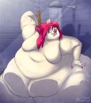  2019 anthro bathing belly big_belly bludermaus colored_nails digital_drawing_(artwork) digital_media_(artwork) ear_piercing fur glass hair hand_on_hip mammal moobs morbidly_obese navel nude obese on_glass overweight piercing red_eyes red_hair red_nails scrubbing shower simple_background smile solo standing steam thick_thighs ursid ursine voluptuous water wet 