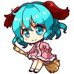  animal_ears bamboo_broom blue_eyes blue_hair blush_stickers broom chibi dog_ears dress frilled_sleeves frills hand_on_hip holding holding_broom kasodani_kyouko long_sleeves looking_at_viewer lowres md5_mismatch pink_dress renren_(ah_renren) smile solo touhou 