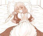  blush breasts helena_havel large_breasts light_brown_eyes light_brown_hair long_hair looking_at_viewer lying maid maid_headdress on_back pillow solo sweatdrop teyuno ukagaka vibrator 