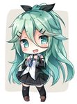  :d bare_shoulders black_bow black_legwear black_serafuku black_skirt blue_neckwear blush bow brown_footwear chibi detached_sleeves green_eyes green_hair hair_between_eyes hair_bow hair_ornament hairclip kantai_collection loafers long_hair looking_at_viewer lowres messy_hair neckerchief open_mouth pigeon-toed pleated_skirt ribbon sailor_collar school_uniform serafuku shoes skirt smile solo tareme thighhighs very_long_hair wide_sleeves yamakaze_(kantai_collection) yuko_(kwong159) 