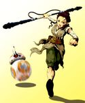  angry antennae artist_request bad_id bad_pixiv_id ball bb-8 belt clenched_hand dirty highres looking_at_viewer motion_blur rey_(star_wars) robot rolling running science_fiction shouting staff star_wars star_wars:_the_force_awakens 