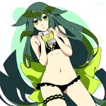  1girl bare_shoulders bikini black_bikini black_bra black_panties bow bra collarbone frilled_bikini frills gatchaman gatchaman_crowds green_eyes green_hair large_bow leg_garter long_hair panties ribbon solo swimsuit underwear utsutsu very_long_hair 