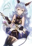  animal_ears black_gloves black_legwear blue_hair dress erune ferry_(granblue_fantasy) gloves granblue_fantasy holding jewelry khj long_hair simple_background single_earring sleeveless sleeveless_dress smile solo thighhighs wavy_hair whip white_background yellow_eyes 