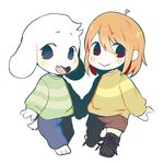  asriel_dreemurr boots boss_monster caprine chara_(undertale) child clothing crybleat cute duo footwear goat happy human mammal simple_background stripes undertale video_games young 