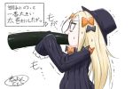 1girl abigail_williams_(fate/grand_order) bangs black_bow black_dress black_hat blonde_hair bow commentary_request dress ehoumaki fate/grand_order fate_(series) food food_in_mouth hair_bow hands_up hat highres holding holding_food long_hair long_sleeves makizushi neon-tetora orange_bow parted_bangs profile signature simple_background sleeves_past_fingers sleeves_past_wrists solo sushi sweat translation_request trembling upper_body very_long_hair white_background 