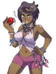  black_hair bracelet breasts dark_skin earrings highres jewelry large_breasts looking_at_viewer lychee_(pokemon) necklace open_mouth poke_ball poke_ball_(generic) pokemon pokemon_(game) pokemon_sm short_hair shorts smile solo sonparesu 