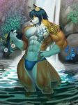  2016 5_fingers abs alty anthro biceps big_tail black_hair black_nose blue_hair bulge canine clothed clothing countershade_face countershading detailed_background digital_media_(artwork) flower fox front_view fur gloves_(marking) hair hand_on_hip humanoid_hands long_hair looking_at_viewer male mammal markings multicolored_fur multicolored_hair muscular muscular_male nature nipples orange_fur orange_tail partially_submerged pecs pink_nipples plant portrait raccoon21 signature solo speedo standing swimsuit tattoo three-quarter_portrait two_tone_fur two_tone_hair water waterfall white_countershading white_fur yellow_eyes 