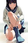  black_eyes black_hair blue_legwear blurry blush depth_of_field eyebrows_visible_through_hair feet highres kneeling long_sleeves matsunaga_kouyou original reflection school_uniform serafuku short_hair skirt sock_pull socks solo white_background 