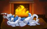  2016 absurd_res anthro canine claws cuddling dog dragon duo fireplace fur glowing hi_res hug husky male male/male mammal nude plax_40 rooc scalie smile standing tukk_ordo 