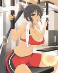  1girl blue_eyes breasts brown_hair cleavage female hair_ribbon homura_(senran_kagura) large_breasts long_hair looking_at_viewer open_mouth ponytail senran_kagura sitting solo sweat tagme tanline very_long_hair 