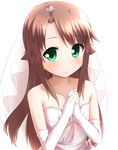  antenna_hair bangs bare_shoulders blush bow bridal_veil bride brown_hair collarbone commentary_request dress elbow_gloves faubynet frills gloves green_eyes hands_clasped highres interlocked_fingers koshigaya_komari long_hair looking_at_viewer non_non_biyori own_hands_together revision smile solo tiara upper_body veil wedding_dress white_dress white_gloves 