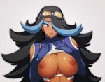  bajima_shouhei black_hair blue_hair blush breast_suppress breasts breasts_outside dark_skin eyeshadow goggles goggles_on_head grey_background hair_over_one_eye highres izumi_(pokemon) large_breasts lips long_hair looking_away makeup multicolored_hair nipples pokemon pokemon_(game) pokemon_oras shiny shiny_hair shiny_skin shoulder_cutout simple_background solo sweatdrop team_aqua two-tone_hair upper_body 