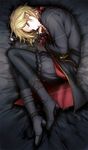  beads bed_sheet belt_boots black_bow black_coat black_footwear black_legwear blonde_hair bloomers boots bow ensemble_stars! fetal_position frilled_sleeves frills full_body joka_(night_gate) long_sleeves looking_at_viewer lying male_focus nito_nazuna on_bed on_side pale_skin pantyhose parted_lips plantar_flexion red_eyes solo spoilers string underwear valkyrie_(ensemble_stars!) 