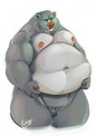  2016 anthro balls baloo bear belly big_belly brown_nipples brown_nose digital_media_(artwork) disney eyebrows front_view fur grey_balls grey_fur hand_on_stomach hi_res looking_at_viewer male mammal moobs navel nipples nude obese overweight overweight_male portrait raivenderouthelion_(artist) signature simple_background smile smirk solo teeth three-quarter_portrait white_background 