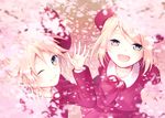  1girl blazer blonde_hair brother_and_sister cherry_blossoms fang from_above hat hat_removed headwear_removed hinata_(princess_apple) jacket kagamine_len kagamine_rin long_sleeves looking_at_viewer looking_up neck_ribbon one_eye_closed open_mouth petals pleated_skirt red_hat red_jacket red_ribbon red_skirt ribbon short_hair siblings skirt smile twins vocaloid yellow_eyes 