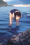  absurdres black_school_swimsuit day highres one-piece_swimsuit school_swimsuit sky smile solo swimsuit takamichi wading water 