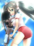  :d blue_eyes blue_hair blush breasts buruma dual_wielding gym_uniform hair_ribbon hairband holding isuzu_(kantai_collection) kantai_collection large_breasts long_hair looking_at_viewer looking_back open_mouth primary_stage ribbon smile solo twintails twitter_username very_long_hair water_gun 
