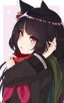  1girl :o absurdres animal_ears bangs black_hair black_shirt cape commentary_request eyebrows_visible_through_hair fingernails flower girls_frontline green_cape hair_flower hair_ornament hands_up highres kemonomimi_mode long_hair long_sleeves neckerchief ohshit outline parted_lips pink_background red_eyes red_flower red_neckwear school_uniform shirt solo sweat two-tone_background type_100_(girls_frontline) upper_body very_long_hair white_background white_outline 