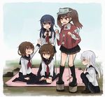  akatsuki_(kantai_collection) anchor_print annin_musou blue_eyes brown_eyes brown_hair can can_stilts commentary fang flat_cap folded_ponytail grey_eyes hammer hand_up hands_up hat hat_removed headwear_removed hibiki_(kantai_collection) highres holding holding_hat ikazuchi_(kantai_collection) inazuma_(kantai_collection) japanese_clothes kantai_collection kariginu kneeling long_hair long_sleeves magatama multiple_girls nail neckerchief open_mouth pantyhose pleated_skirt red_neckwear remodel_(kantai_collection) ryuujou_(kantai_collection) school_uniform serafuku shoes_removed short_hair silver_hair sitting_on_ground skirt smile squatting standing_on_object stilts string tarpaulin twintails visor_cap white_background wide_sleeves 