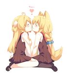  ahoge animal_ears between_legs black_legwear blonde_hair blush braid breasts closed_eyes closed_mouth dress face-to-face fox_ears fox_tail from_side full_body garuta_(yamcha) hair_bobbles hair_ornament hand_between_legs heart loafers long_hair mary_janes medium_breasts multiple_girls original pantyhose school_uniform shoes sitting symmetrical_pose tail twin_braids two_side_up v_arms wariza white_background white_legwear wowco_(yamcha) yamcha_(cocololi) 