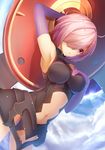  arm_behind_head armpits blue_sky breasts cloud day elbow_gloves fate/grand_order fate_(series) gloves hair_over_one_eye hand_on_own_chest highres looking_at_viewer mash_kyrielight medium_breasts navel pink_hair purple_eyes purple_gloves short_hair sky solo tatapopo 