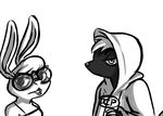  2016 anthro black_and_white buckteeth claws clothed clothing disney duo eyewear fan_character female glasses hoodie hugh_muskroura inkyfrog lagomorph looking_at_viewer male mammal maxine_d&#039;lapin monochrome rabbit simple_background skunk teeth white_background zootopia 