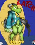  alley balls beanie bottomless clothed clothing crocodile crocodilian english_text front_view green_body green_penis hat headphones latch lethal_league looking_away penis reptile scales scalie solo spotlight starit text yellow_scales 