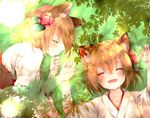  animal_ear_fluff animal_ears artist_name blonde_hair blush chita_(ketchup) closed_eyes collarbone drooling eyebrows fangs flower fox_ears hair_between_eyes hair_flower hair_ornament highres holding_hands japanese_clothes leaf leaf_background lens_flare lying miko multiple_girls on_back on_side open_mouth original profile saliva short_hair signature sleeping thick_eyebrows upper_body wide_sleeves 