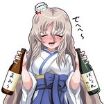  :d alternate_costume asakaze_(kantai_collection) asakaze_(kantai_collection)_(cosplay) blush bottle closed_eyes commentary_request cosplay curly_hair drunk facing_viewer full-face_blush hakama hat headgear holding japanese_clothes kantai_collection long_hair meiji_schoolgirl_uniform mini_hat open_mouth pola_(kantai_collection) sake_bottle silver_hair simple_background smile solo tk8d32 translation_request white_background wine_bottle 