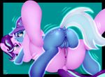  2016 anus black_border blue_background blue_fur blue_hair border cutie_mark duo equine female female/female feral feral_on_feral friendship_is_magic fur hair hat hooves horn horse magic mammal my_little_pony paulpeopless pink_fur pony purple_eyes purple_hair pussy sex signature simple_background starlight_glimmer_(mlp) tribadism trixie_(mlp) unicorn wizard_hat 