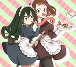  2girls apron asui_tsuyu boku_no_hero_academia cookie food headdress long_hair maid maid_headdress maid_uniform multiple_girls short_hair tea tongue tongue_out uraraka_ochako 