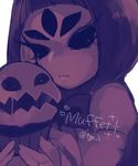  bangs black_hair bob_cut bow bowtie character_name closed_mouth cupcake extra_ears extra_eyes eyelashes food heart holding holding_food hollow_eyes insect_girl looking_at_viewer monochrome monster_girl muffet namako_(akisamesyuuta) purple short_hair simple_background solo spider_girl twitter_username undertale upper_body white_background 