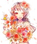  ayatoki-1 bare_shoulders dress flower hair_flower hair_ornament highres long_hair one_eye_closed original petals red_eyes solo 