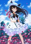  bangs black_hair blush bow cloud cloudy_sky day dress eyebrows eyebrows_visible_through_hair field flower flower_field frilled_dress frills hair_between_eyes hat lloule long_hair one_eye_closed original outdoors petals sky smile solo white_dress wind windmill yellow_eyes 