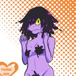  &lt;3 2012 alternate_version_available amphibian anthro blush breasts censored creative_censorship dotted_background english_text female frog green_eyes hair hair_over_eye ink inkyfrog looking_at_viewer nude pattern_background purple_hair purple_skin simple_background small_breasts solo standing text webbed_hands yellow_sclera 
