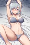  armpits arms_up bare_legs barefoot bikini blue_eyes blush breasts cameltoe chain cleavage covered_nipples danbo_(rock_clime) front-tie_bikini front-tie_top grey_bikini hair_ornament hair_over_one_eye hairclip hamakaze_(kantai_collection) highres kantai_collection large_breasts leg_lift light_smile lying navel nose_blush on_back restrained short_hair silver_hair smile solo sweat swimsuit 