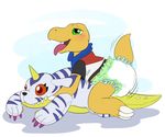  ageplay agumon blush clothing diaper digimon gabumon green_eyes invalid_tag male open_mouth plushie poofy-shark solo tongue 