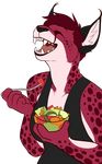  black_shirt caracal cat cheetah clothing eating faith feline fur hair hybrid laugh mammal meme red_fur red_hair salad shirt shout_(artist) tank_top teeth 