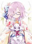  1girl :3 alternate_costume animal bangs blue-framed_eyewear blue_bow bow captain_yue commentary_request creature eyes_closed fate/grand_order fate_(series) flower flower_(symbol) food food_on_head fou_(fate/grand_order) fruit fruit_on_head glasses hair_bow hair_flower hair_ornament hair_over_one_eye holding holding_animal japanese_clothes kimono long_sleeves looking_at_viewer mash_kyrielight object_on_head pink_hair purple_eyes red_neckwear red_ribbon ribbon short_hair smile solo upper_body wide_sleeves 